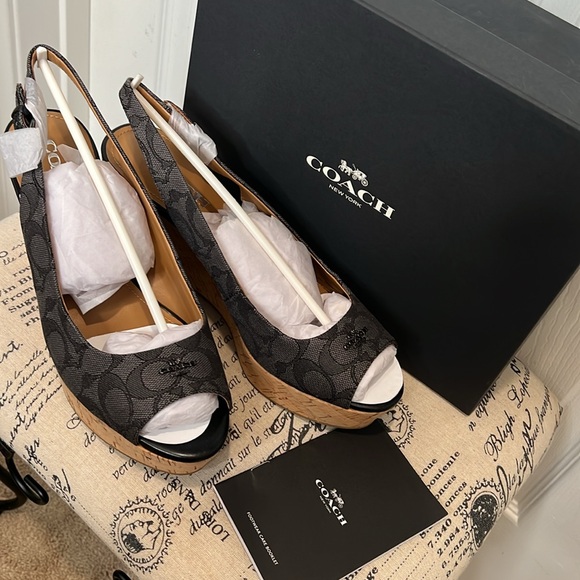 COACH Ferry Signature C Wedge Cork Heel. Jacquard Fabric.  Size 9.5 Black-Smoke - Picture 6 of 17